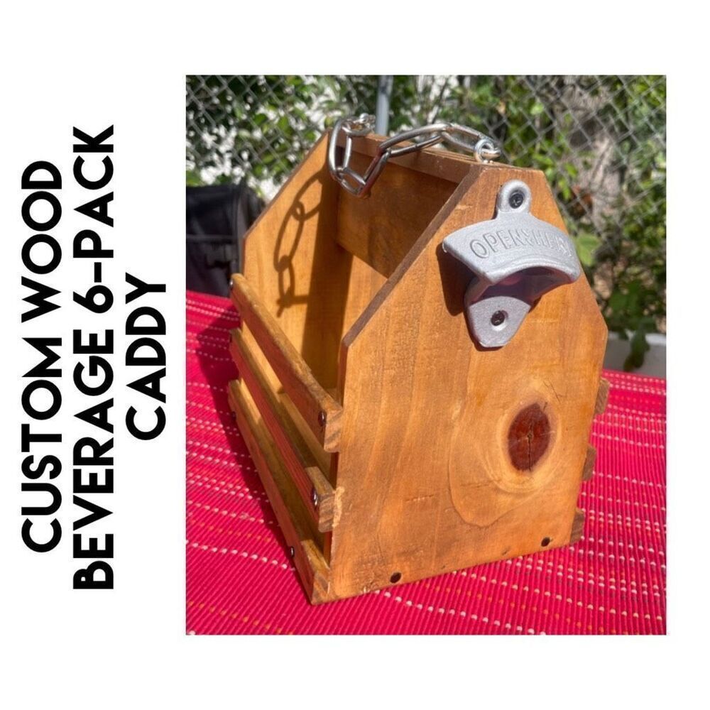 Custom Wood Beverage Caddy With Bottle Opener Holds a 6-Pack-New